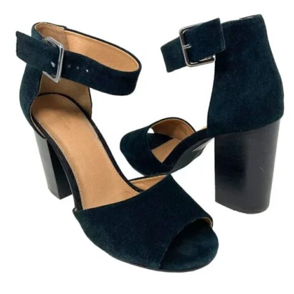 Urban Outfitters Black Suede Leather Ankle Strap Open Toe Block Heels - Size 7 - Picture 1 of 8